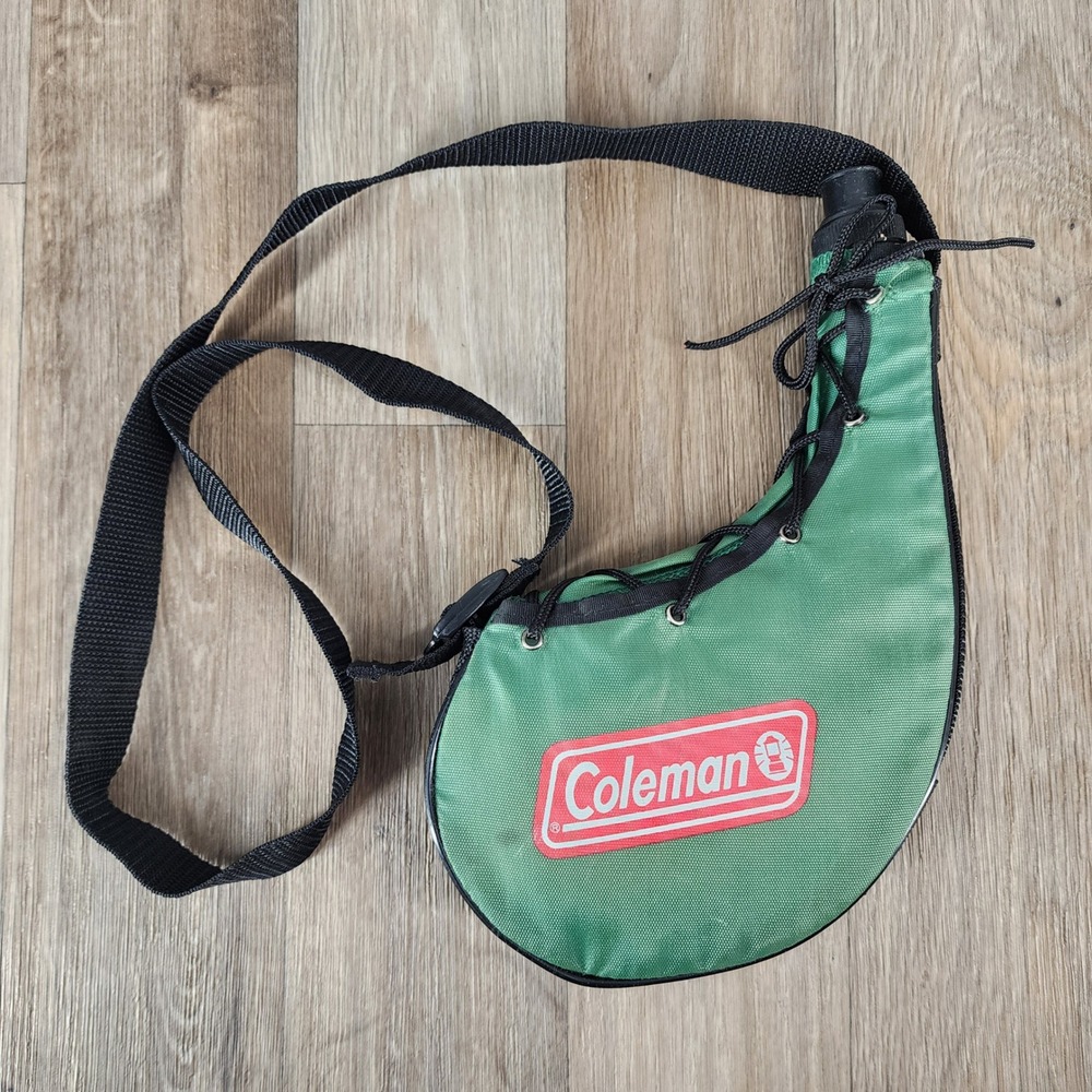 Vintage Coleman Green Nylon Bota Bag Canteen Water Bottle Shoulder Strap Camping